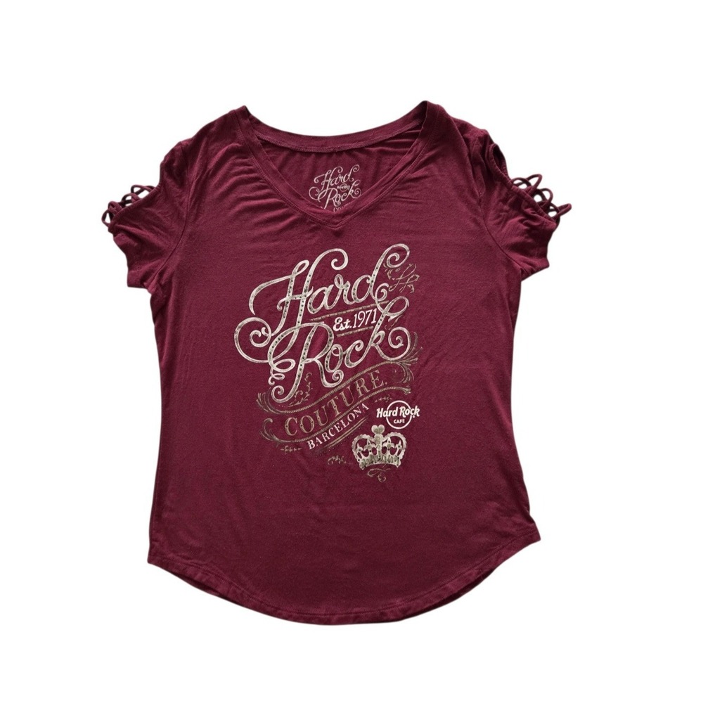 Hard Rock Couture Barcelona V-Neck Tee Womens‎ S Ruched Sleeve Burgundy Top Y2K